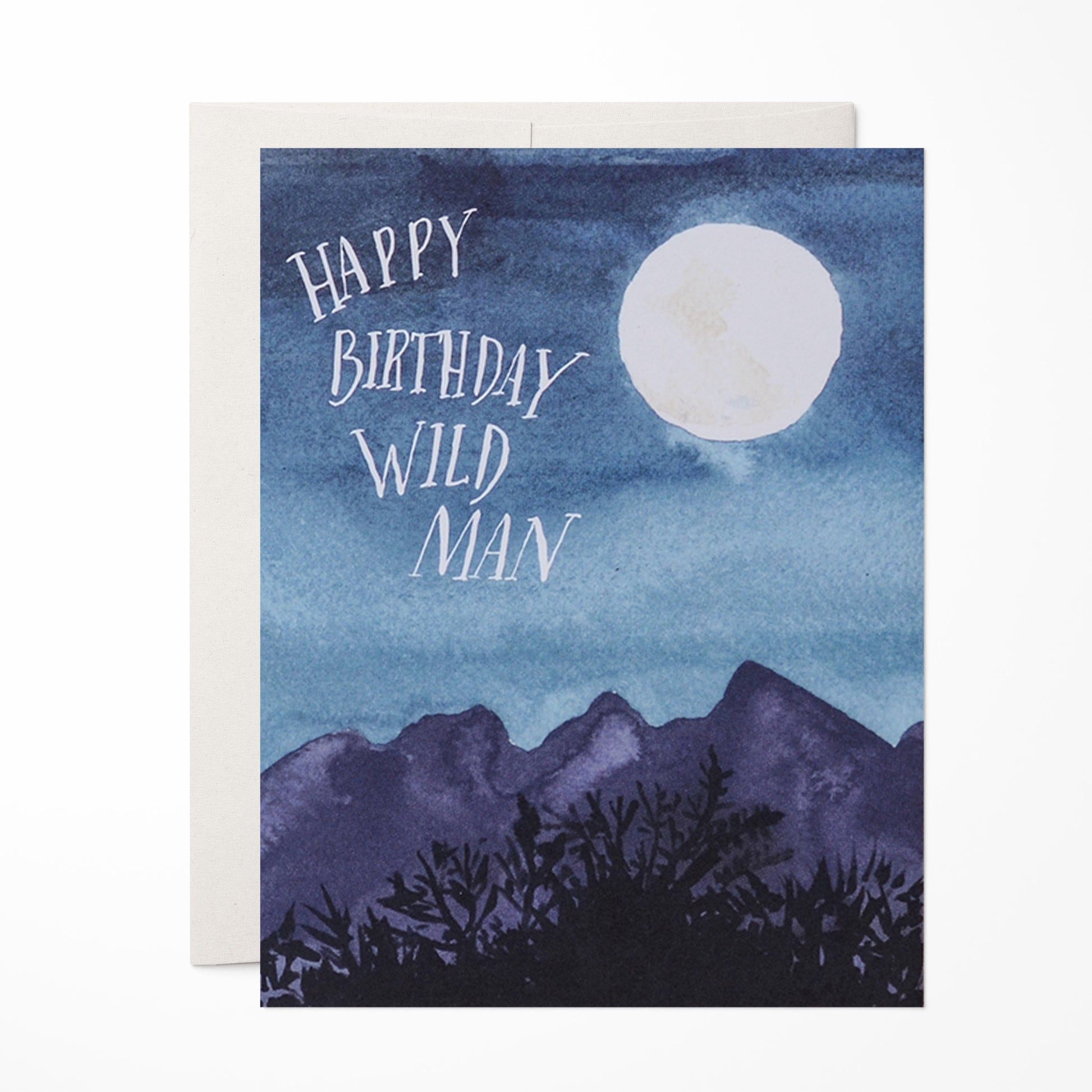 Rugged birthday card with elements of the wilderness, featuring mountains, and a full moon, perfect for an outdoors enthusiast.