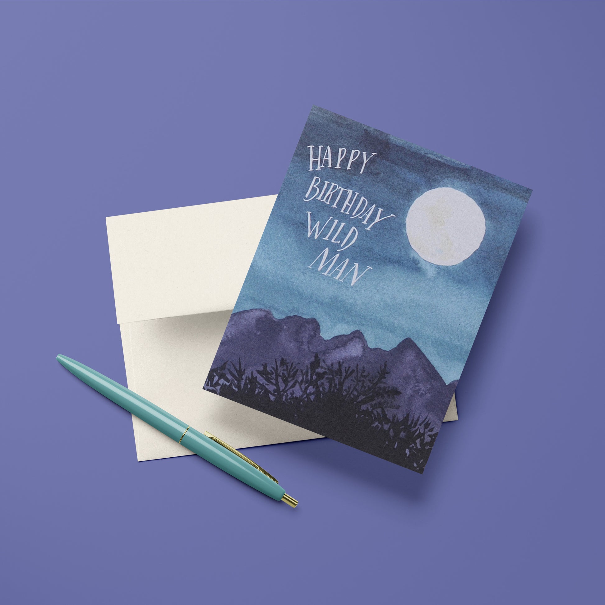 Rugged birthday card with elements of the wilderness, featuring mountains, and a full moon, perfect for an outdoors enthusiast.