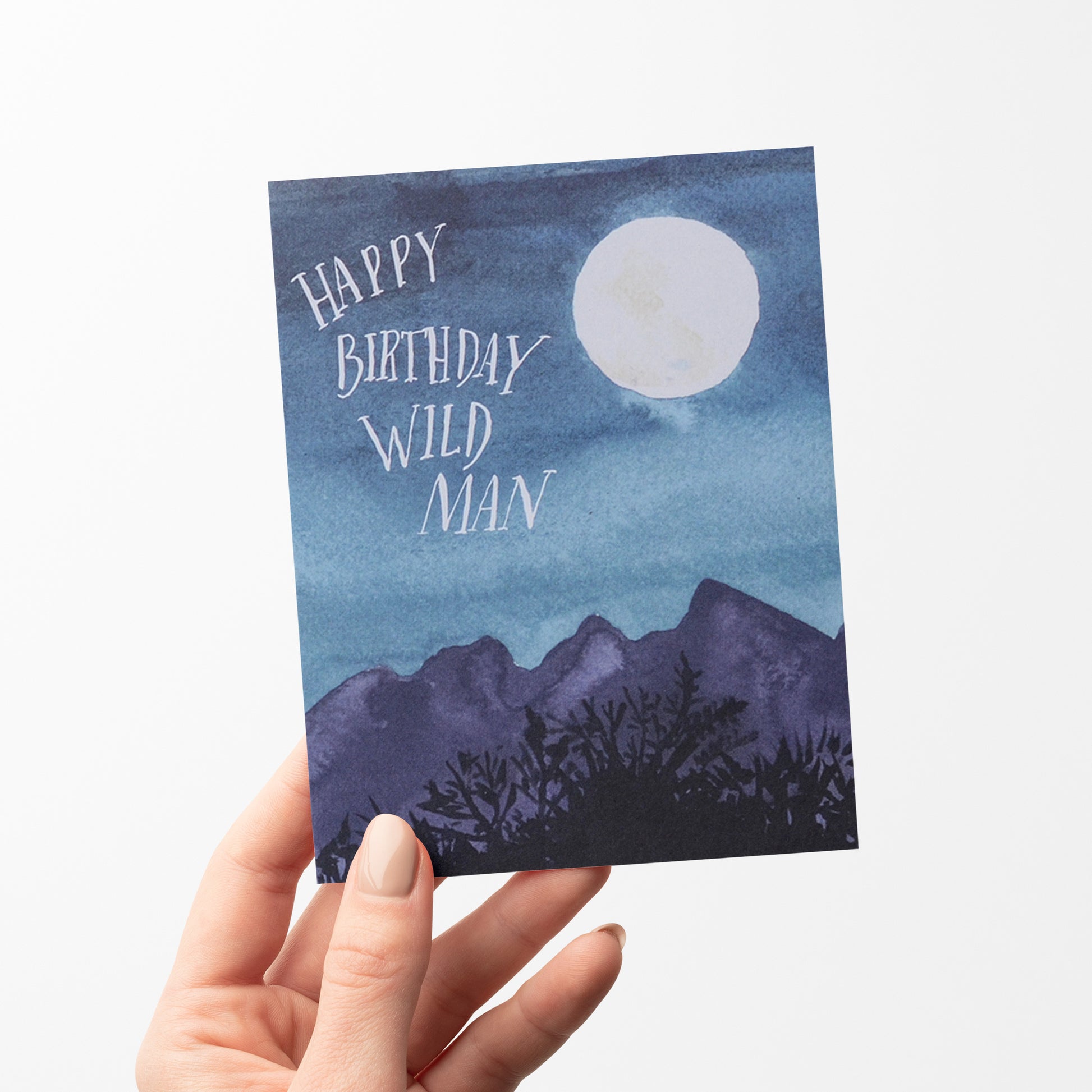 Rugged birthday card with elements of the wilderness, featuring mountains, and a full moon, perfect for an outdoors enthusiast.