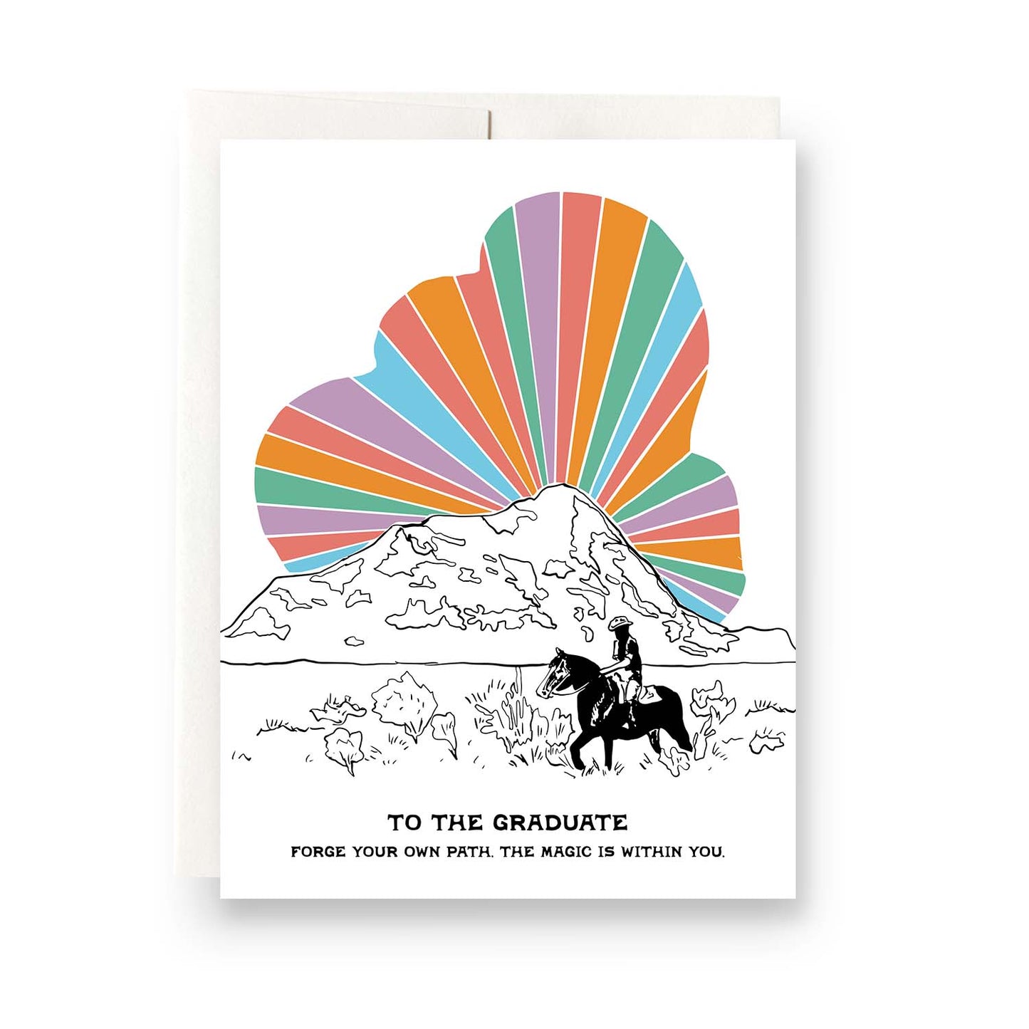 Cosmic Cowboy Grad card with a unique western theme, with a rainbow cloud ideal for graduates with a sense of adventure.