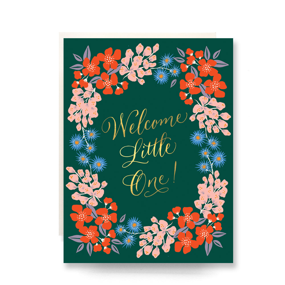 Floral design with gold foil text 'Welcome Little One' on a blank greeting card