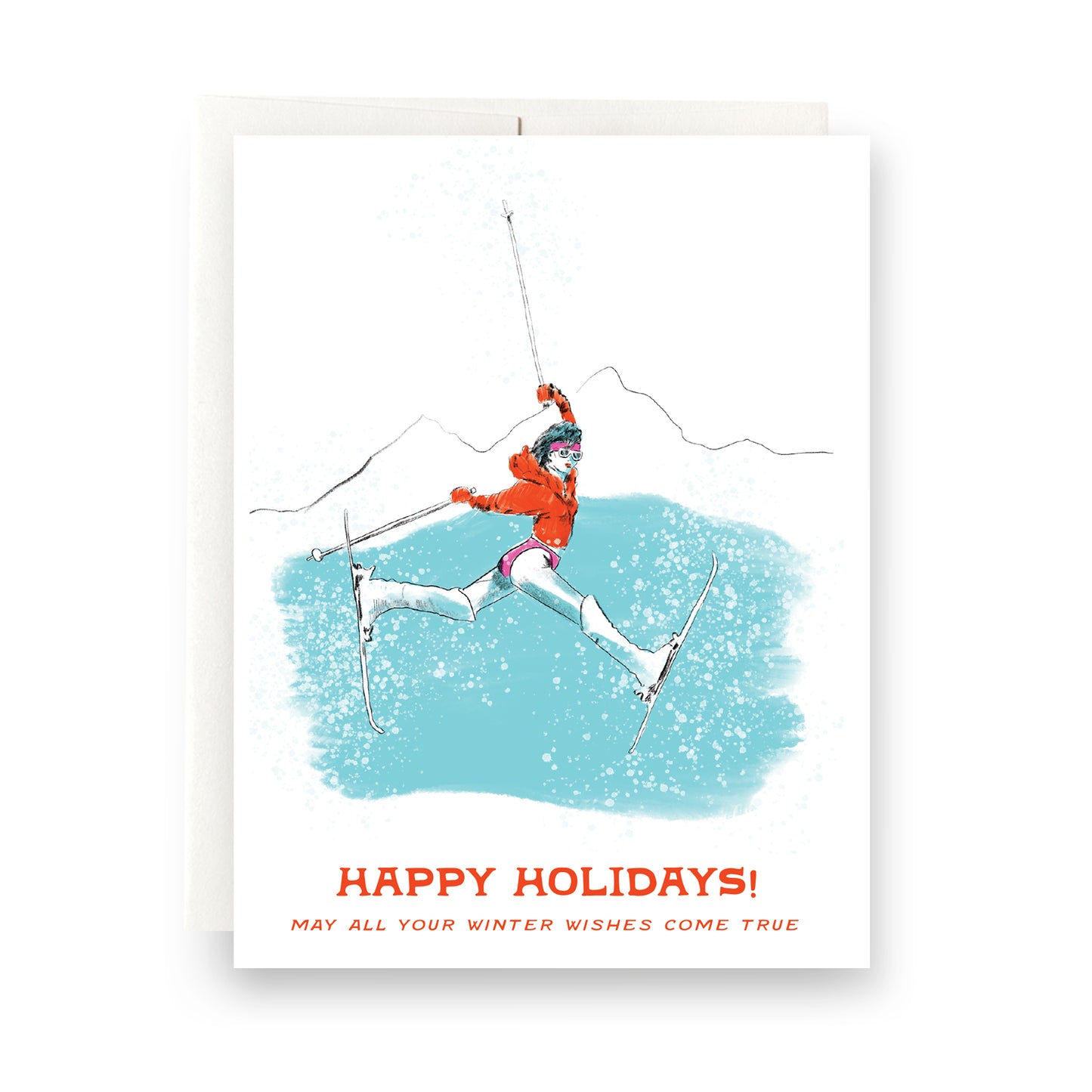 Winter Wishes holiday card featuring a ski babe on a mountain scape, sending warm wishes during the cold season, blank inside.