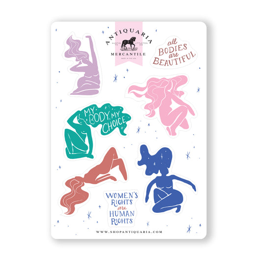 Empowering women's rights-themed sticker sheet featuring powerful slogans and symbols advocating for equality and empowerment, perfect for personalizing laptops, journals, or protest signs.