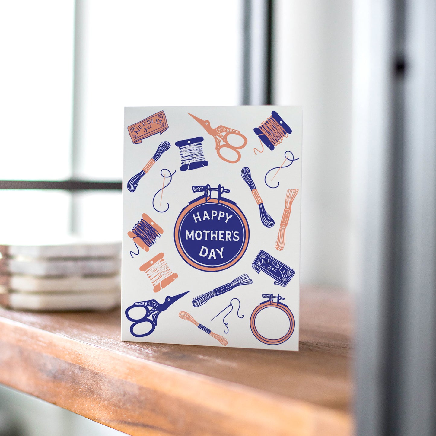 This crafty mothers day card is adorned with all sorts of sewing notions in cute illustrations. Perfect for the crafty mom in your life!