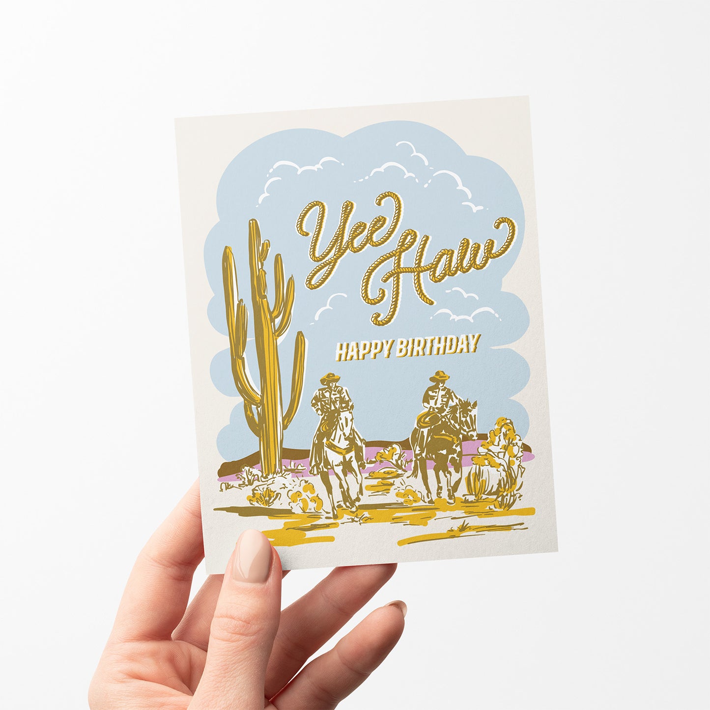 Western-themed birthday card with 'Yee Haw' text, two cowboys on horseback, cactus, and desert scene.