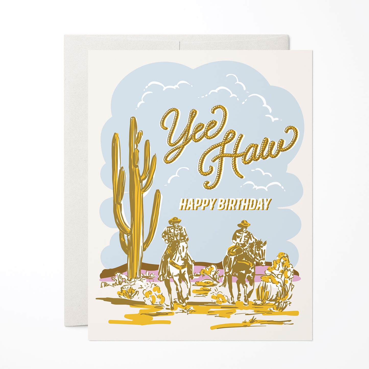 Western-themed birthday card with 'Yee Haw' text, two cowboys on horseback, cactus, and desert scene.