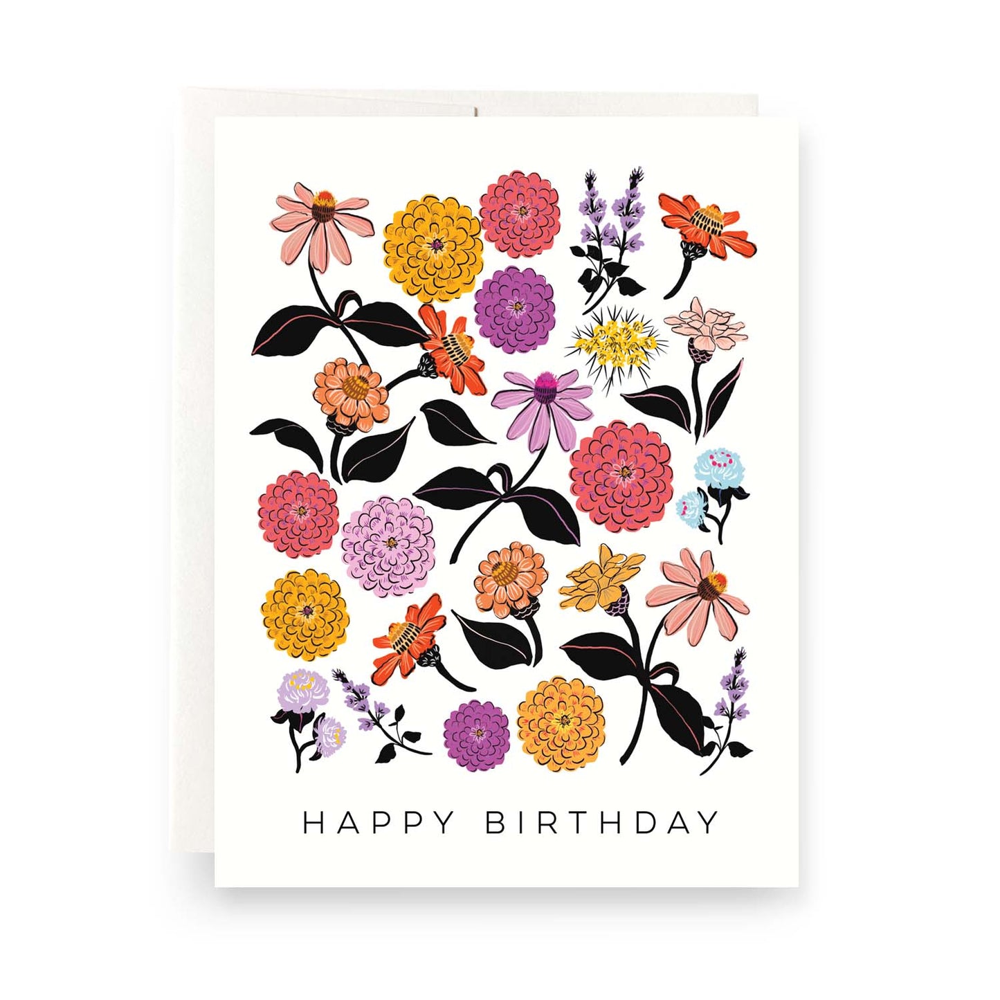 Bright and cheerful birthday card featuring illustrations of colorful zinnias, celebrating the beauty of flowers and perfect for garden lovers.