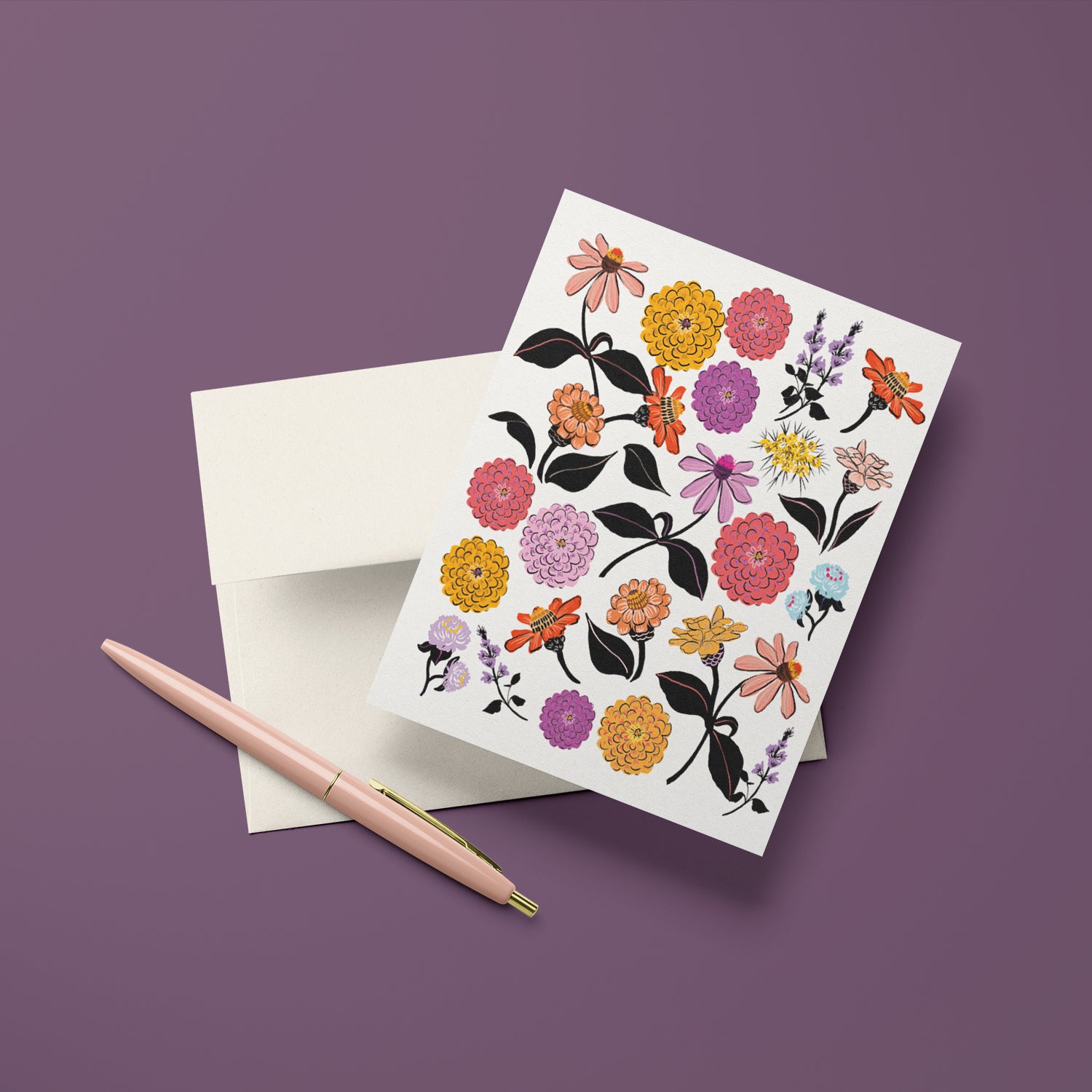 Blank card with hand-illustrated zinnia flowers, ideal for any occasion and flower lovers.
