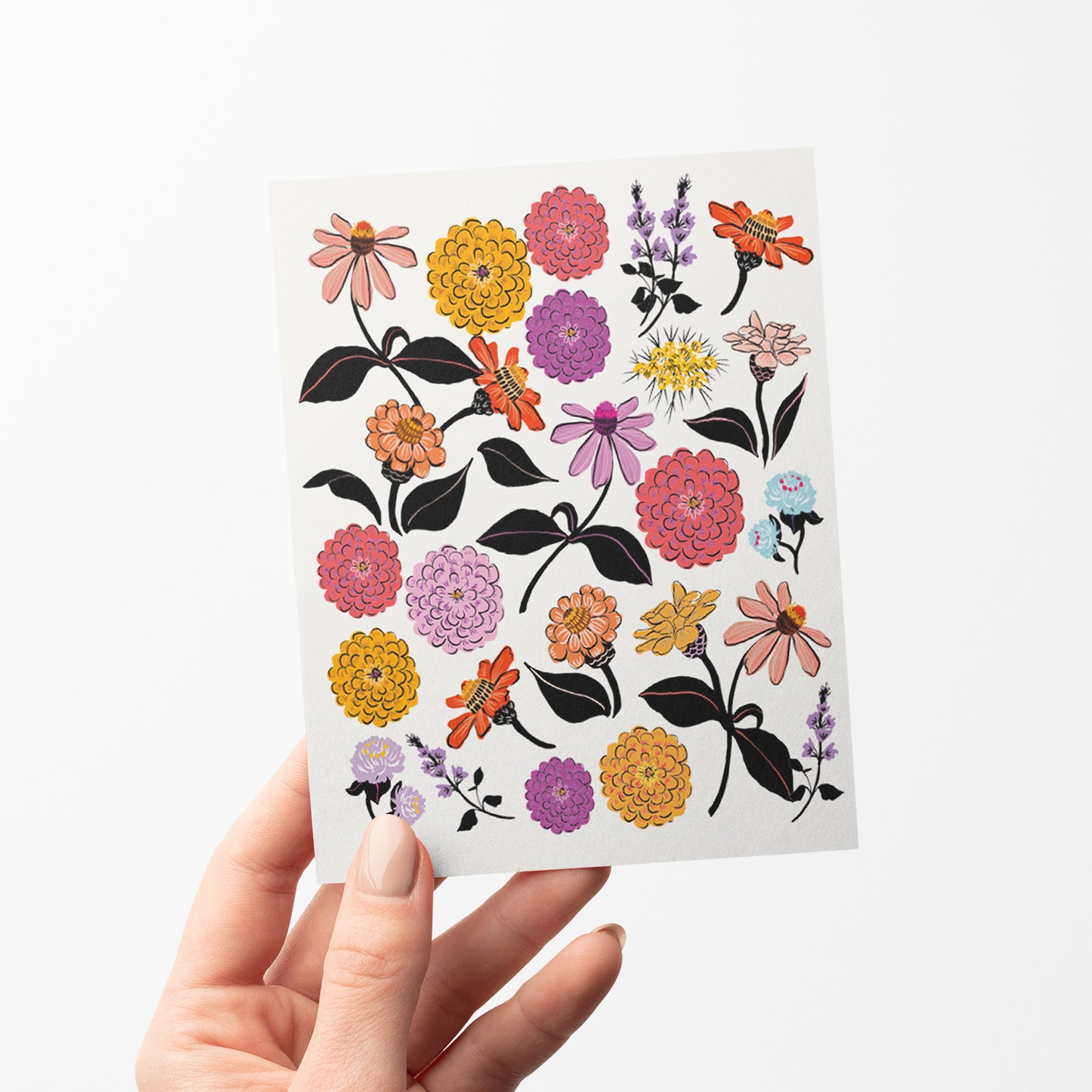 Blank card with hand-illustrated zinnia flowers, ideal for any occasion and flower lovers.
