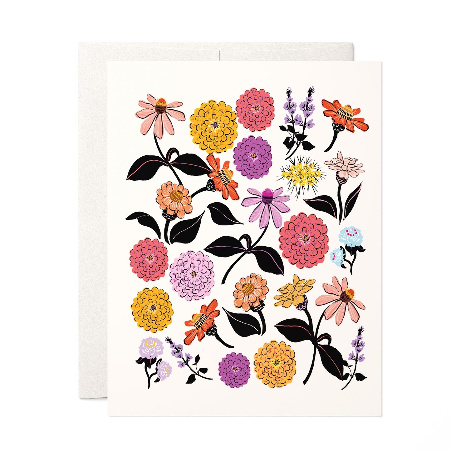 Blank card with hand-illustrated zinnia flowers, ideal for any occasion and flower lovers.
