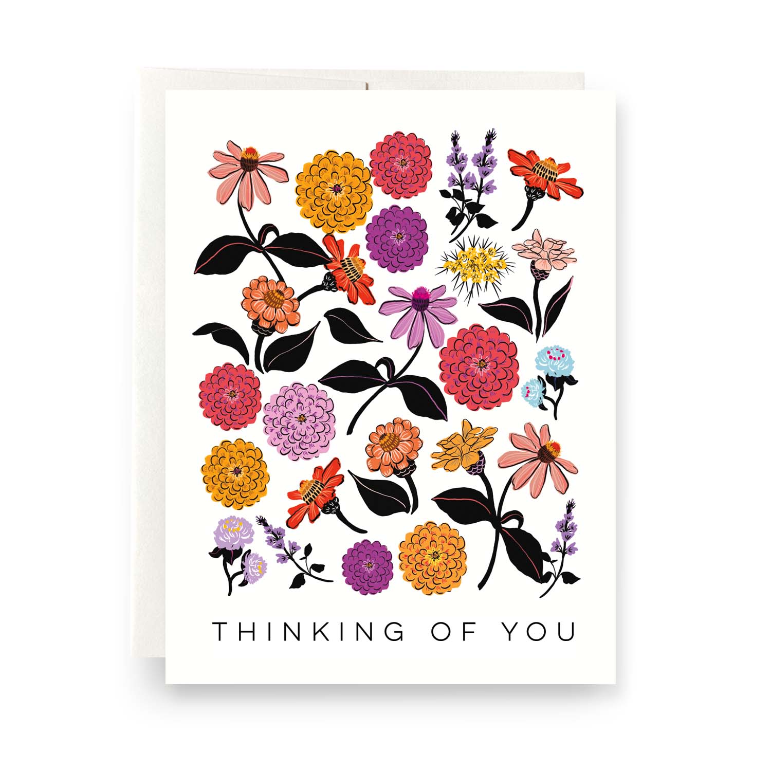 Illustration of zinnias with 'Thinking of You' text on a blank sympathy card.